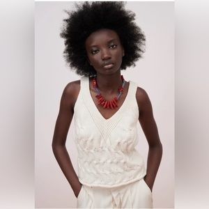 Zara Knit Chunky Crochet V Neck Sleeveless Tank Top Ivory